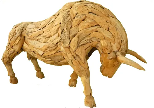 Product image of the product “Standing Bull, with his massive head down. Artistic made made from single teak wood pieces. The head is carved wood. About 220cm length. ”